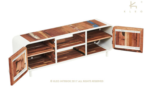 Sixties mueble TV de estructura metálica color blanco y madera reciclada de barco