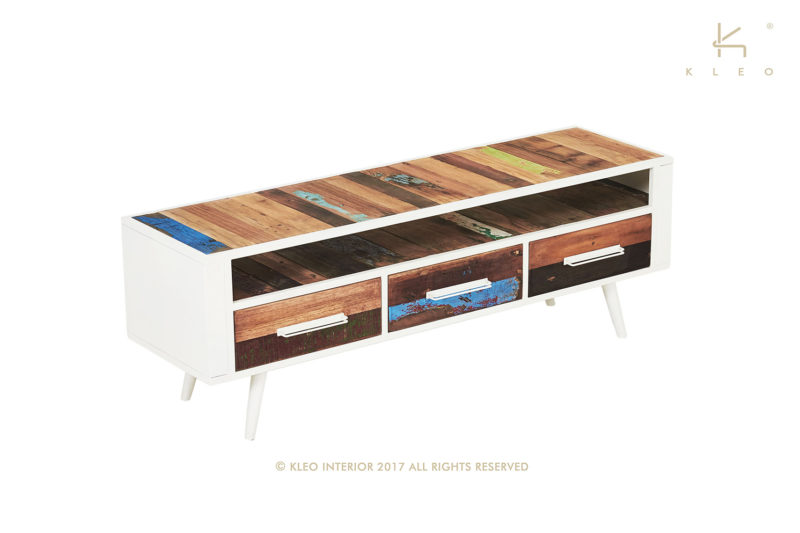 Nordic mueble TV de estructura metálica color blanco y madera reciclada de barco, 3 cajones
