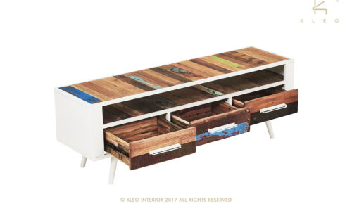 Nordic mueble TV de estructura metálica color blanco y madera reciclada de barco, 3 cajones
