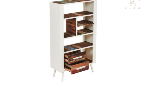 Estantería Nordic de estructura metálica color blanco y madera reciclada de barco, 2 cajones y 6 estantes