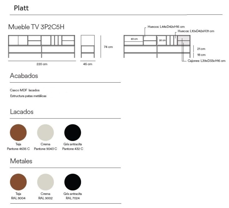 Platt - Aparador/Mueble TV de 220 cm, Teja - Imagen 8