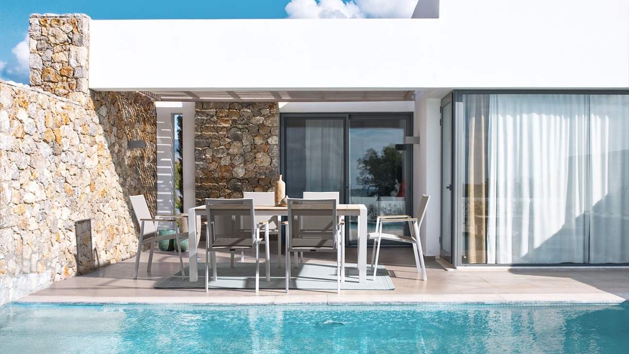 Camerón - Mesa para exterior de 228 (294) cm Blanco/Teca - Imagen 14